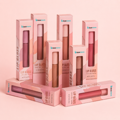 Custom Lip Gloss Boxes by BoxNovo with branded window packaging