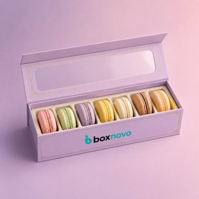 Custom Macaron Box with a clear window displaying assorted colorful macarons