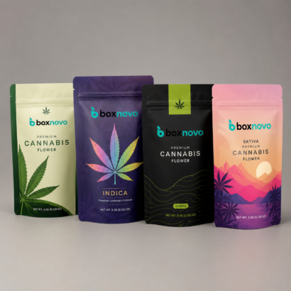 Custom Marijuana Mylar Bags by BoxNovo with resealable stand-up pouch design