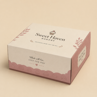 Custom Pastry Box with printed bakery branding and decorative artwork
