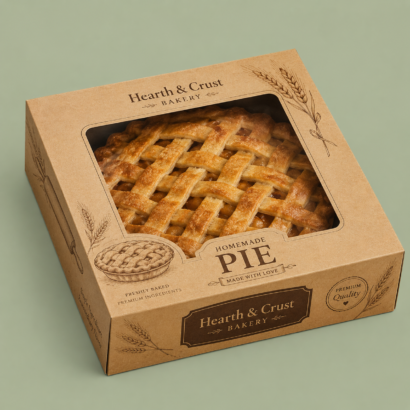 Custom Pie Box with a clear window displaying a freshly baked pie