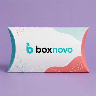 Custom pillow box with branded artwork and curved packaging design