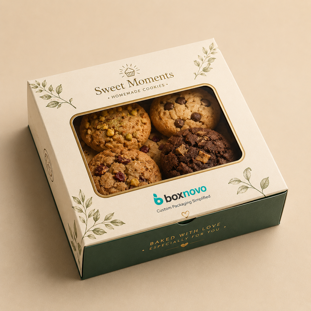 Custom printed cookie packaging featuring branded artwork and a clear viewing window