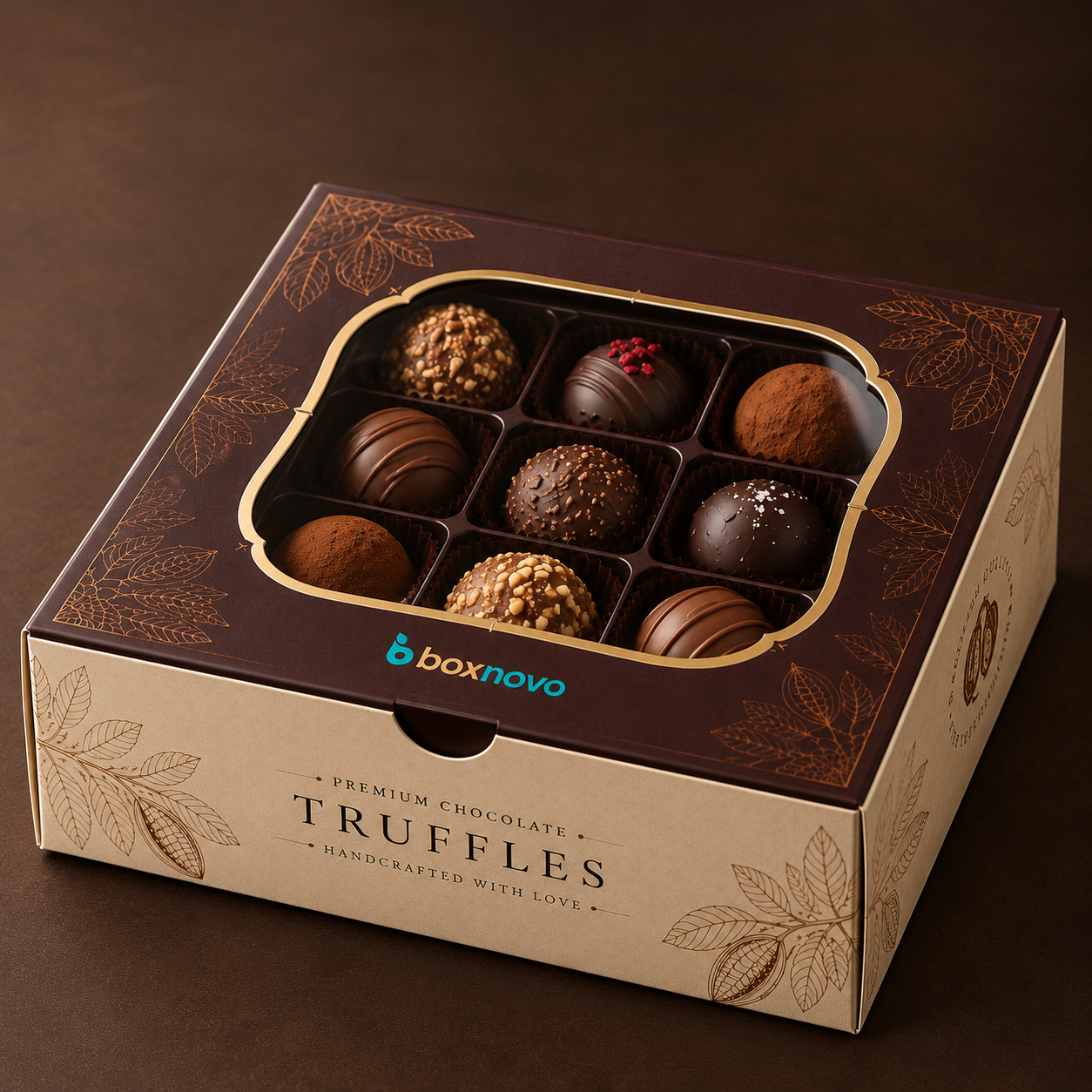Custom printed truffle box featuring decorative chocolate-themed artwork and branding