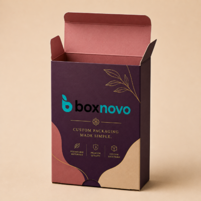 Custom reverse tuck box with branded artwork and tuck flap closure
