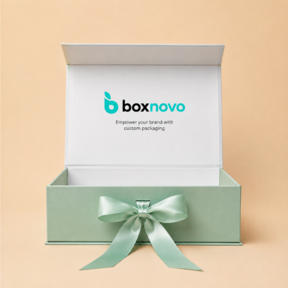 Custom Rigid Gift Boxes by BoxNovo with hinged lid and ribbon detail