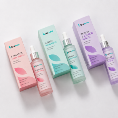 Custom Serum Boxes by BoxNovo for branded skincare packaging