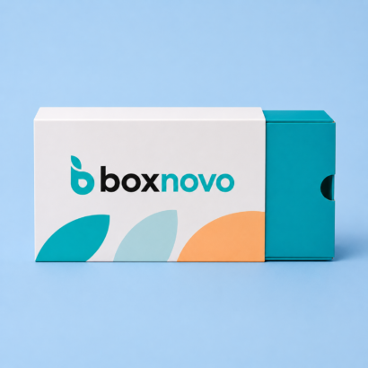 Custom sleeve box with sliding tray and branded geometric design