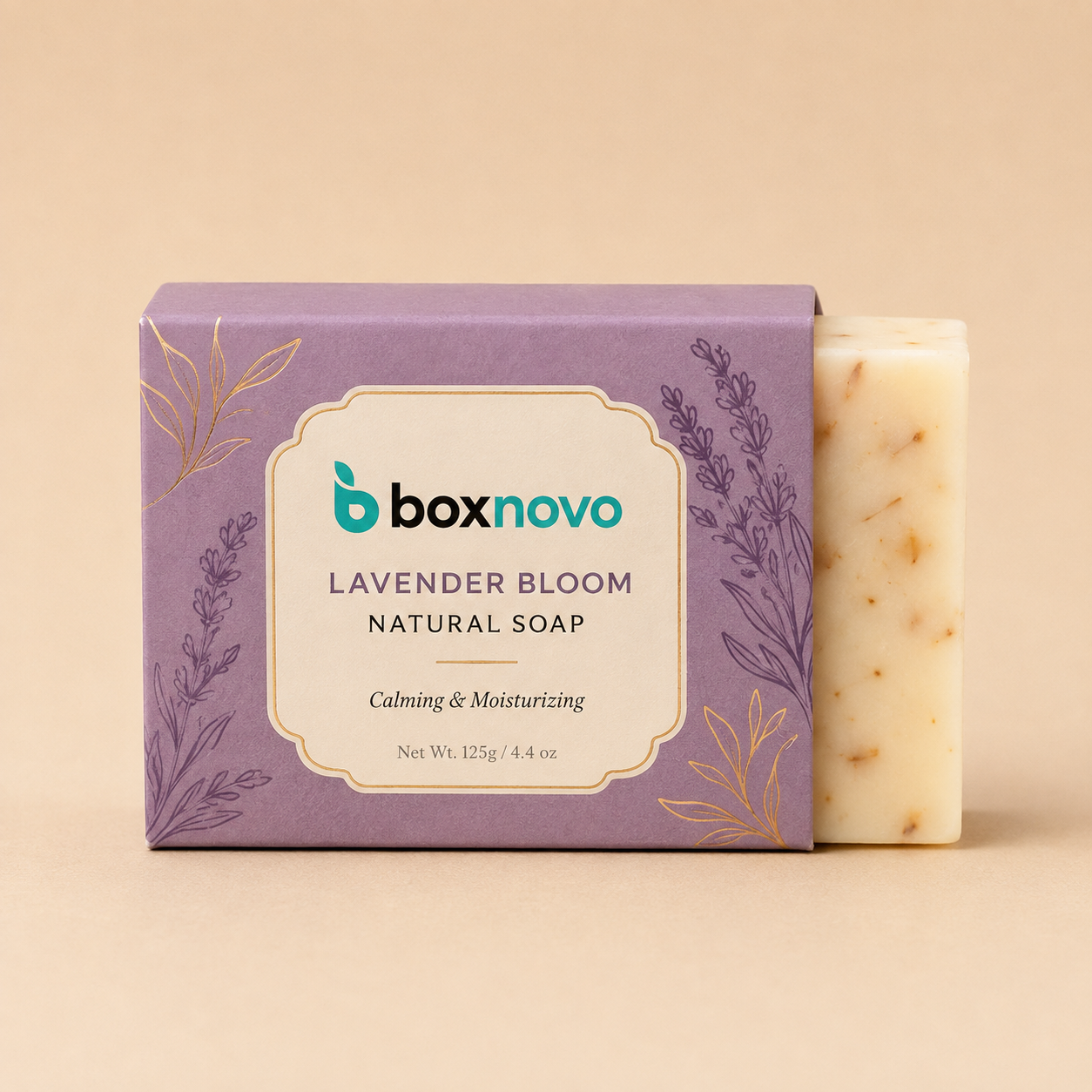 Custom soap sleeve with lavender design and exposed natural soap bar