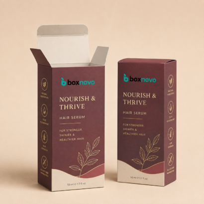 Custom straight tuck box with branded hair serum packaging design