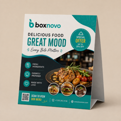 Custom table tent with restaurant menu promotion and branded design