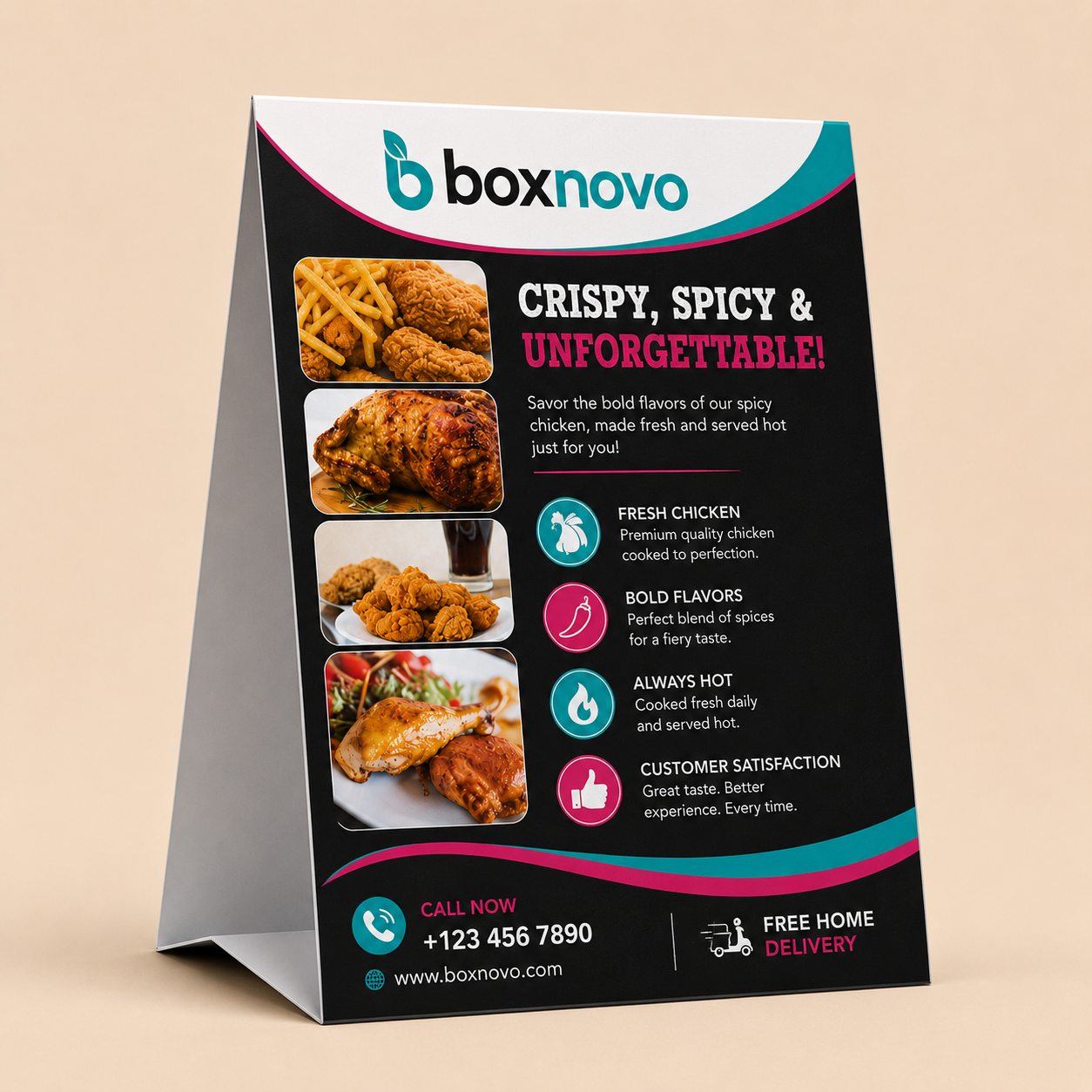 Custom tabletop promotional signage with branded graphics and offers