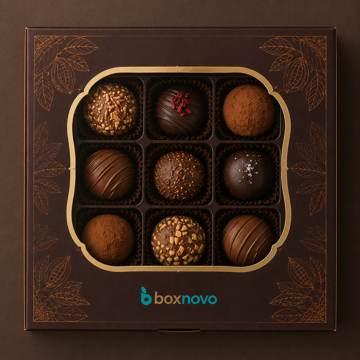 Assorted chocolate truffles arranged in a custom confectionery box