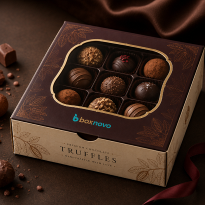 Custom Truffle Box with assorted chocolate truffles in individual compartments
