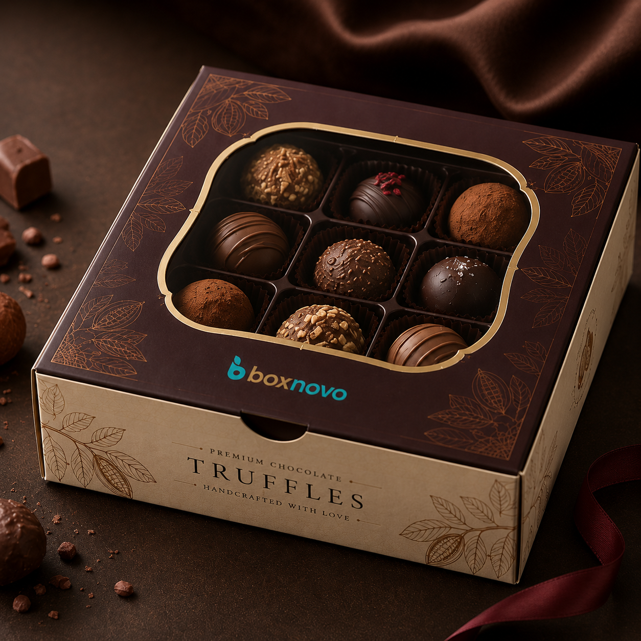 Custom Truffle Box with assorted chocolate truffles in individual compartments