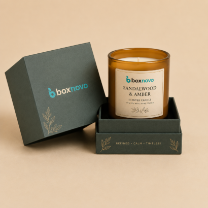 Custom two-piece candle box with branded lid and base packaging