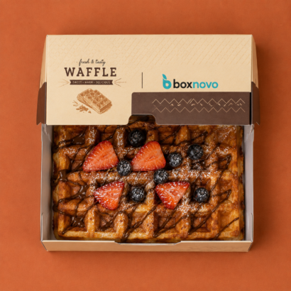 Custom Waffle Box with printed branding and a decorated waffle product