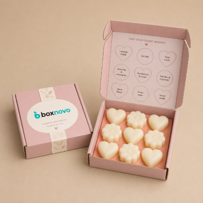 Custom wax melt box with branded design and organized wax melts