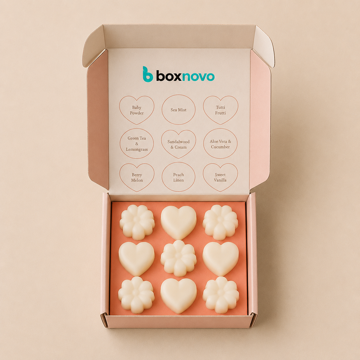 Custom wax melt packaging box with printed branding and fragrance details