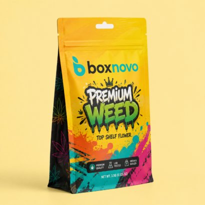 Custom weed mylar bag with bold printed branding and stand-up design