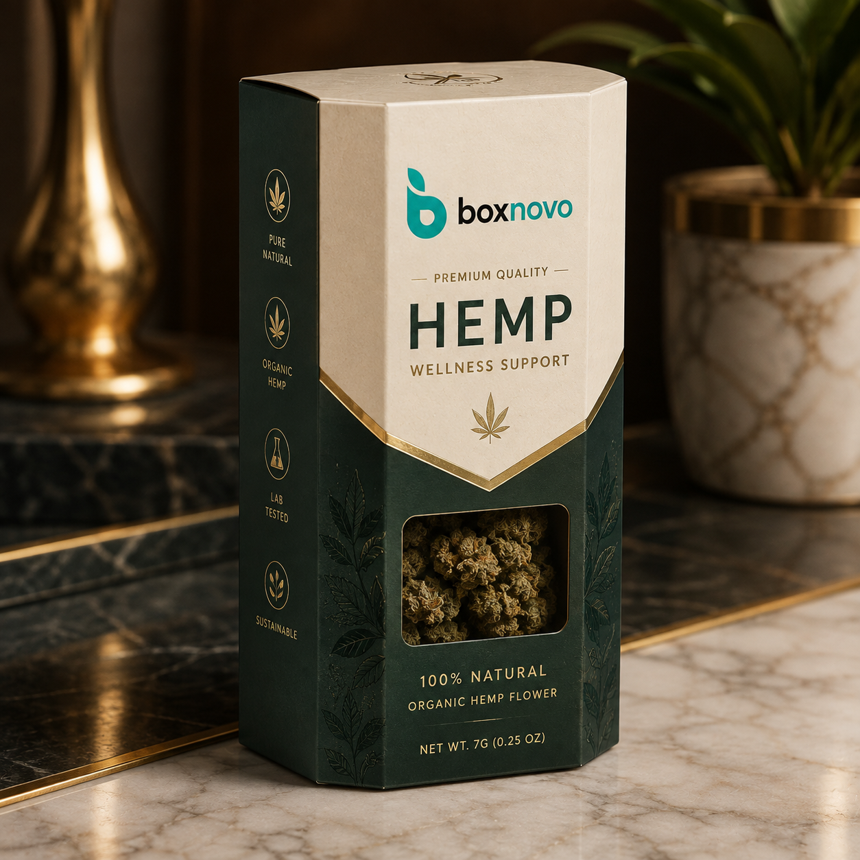 Hemp product packaging box with transparent front window