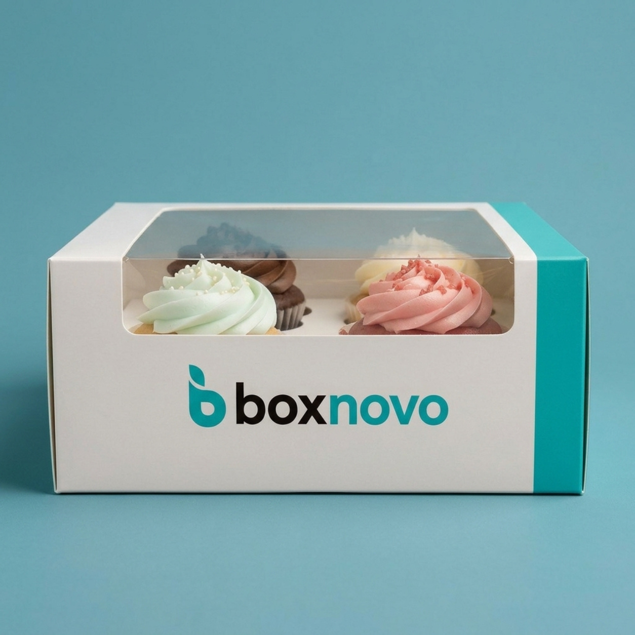 Printed cupcake box featuring custom branding and a viewing window