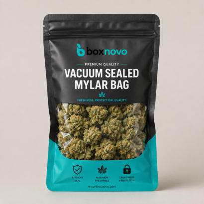 Vacuum sealed mylar bag with custom branding and stand-up pouch design