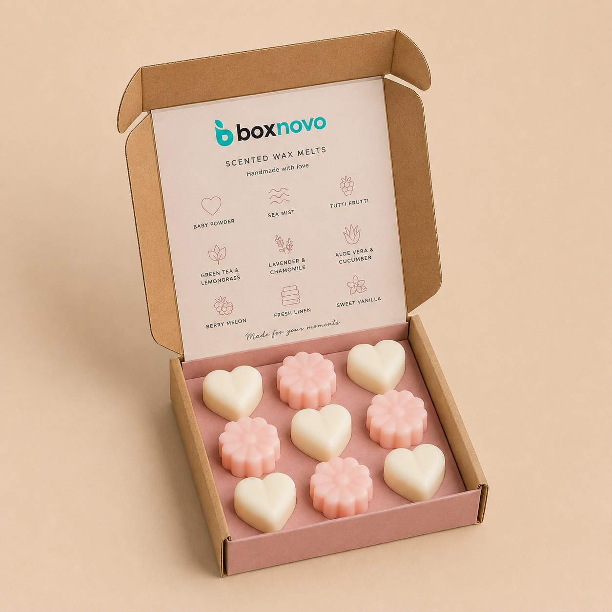 Window wax melt box showcasing shaped wax melts inside