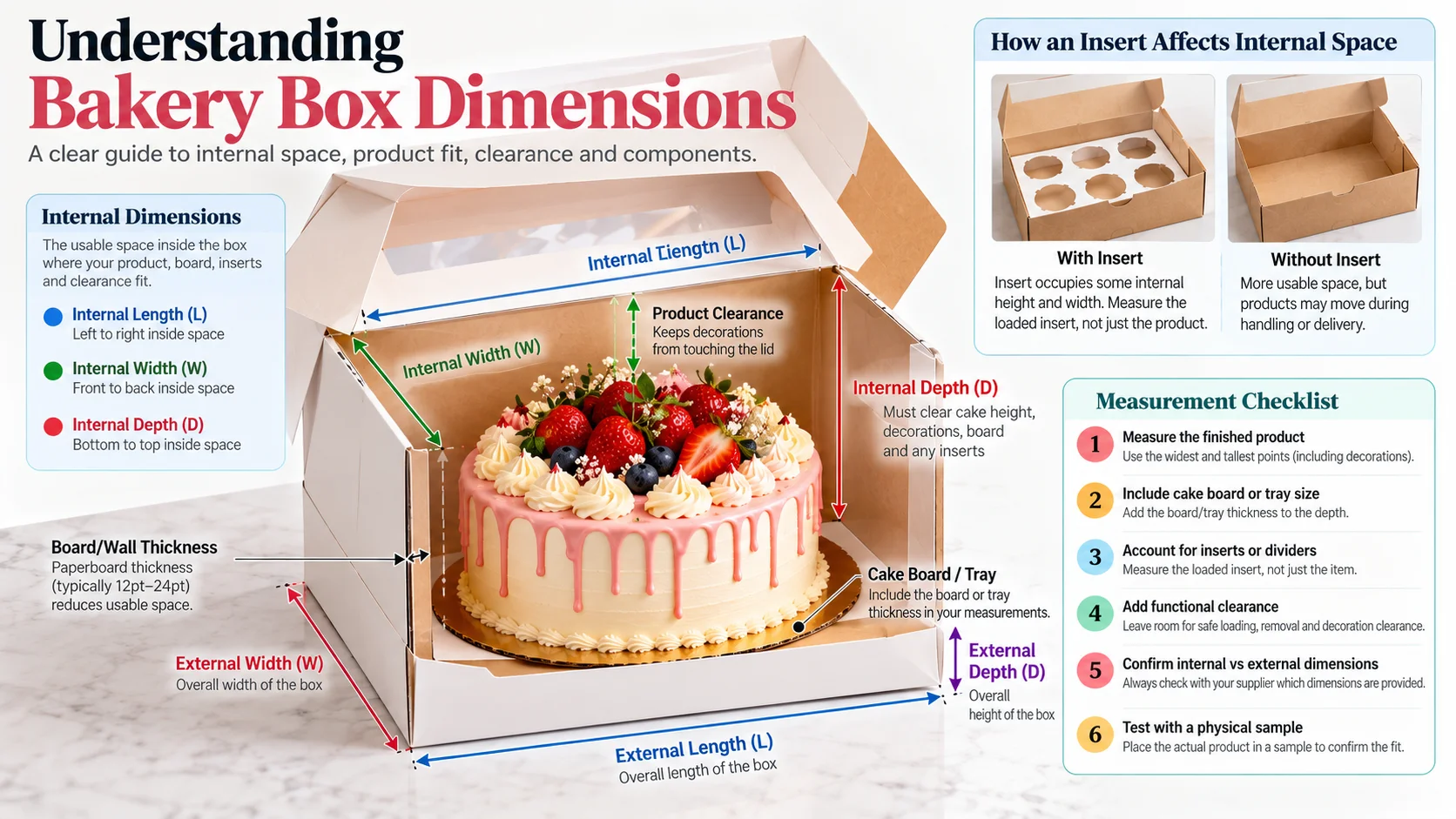 Bakery box diagram showing internal and external dimensions, product clearance, cake board, wall thickness, and insert space.