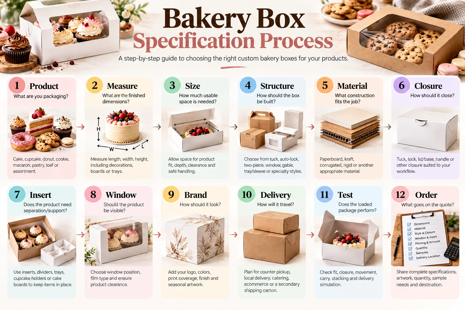 Bakery box specification process showing 12 steps from product selection and measurement to testing and ordering.