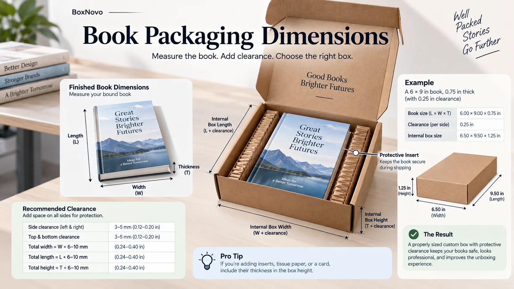 Diagram showing book length, width, thickness, internal box dimensions, clearance, and protective insert