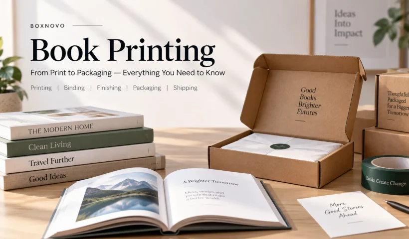 Printed books arranged with custom packaging for shipping and presentation