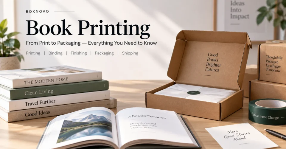 Printed books arranged with custom packaging for shipping and presentation