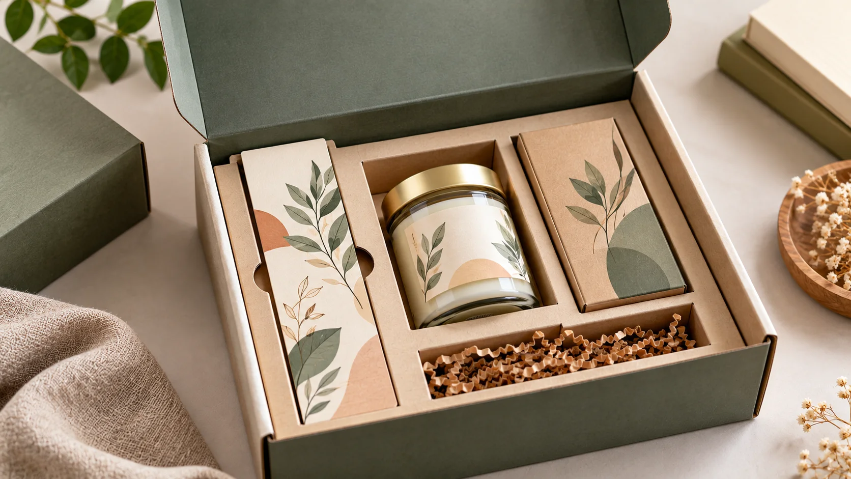 Printed bookmark positioned in a dedicated insert compartment beside a product inside a custom box