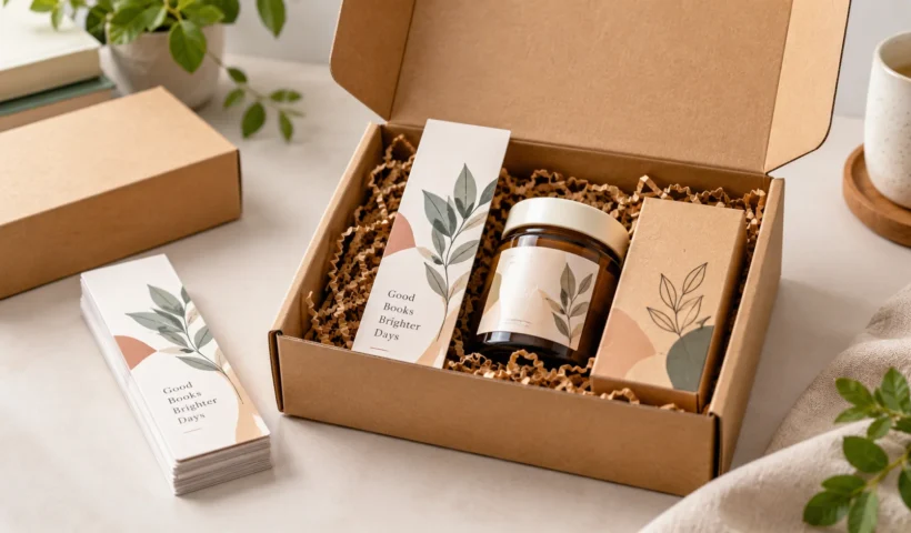 Printed bookmark placed beside a product inside a custom packaging box
