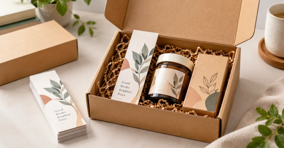 Printed bookmark placed beside a product inside a custom packaging box