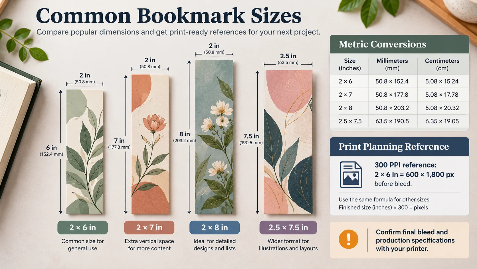 Comparison of common bookmark sizes with metric conversions and 300 PPI print planning reference