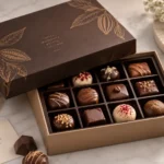 Open custom chocolate box with assorted chocolates arranged in a fitted insert.