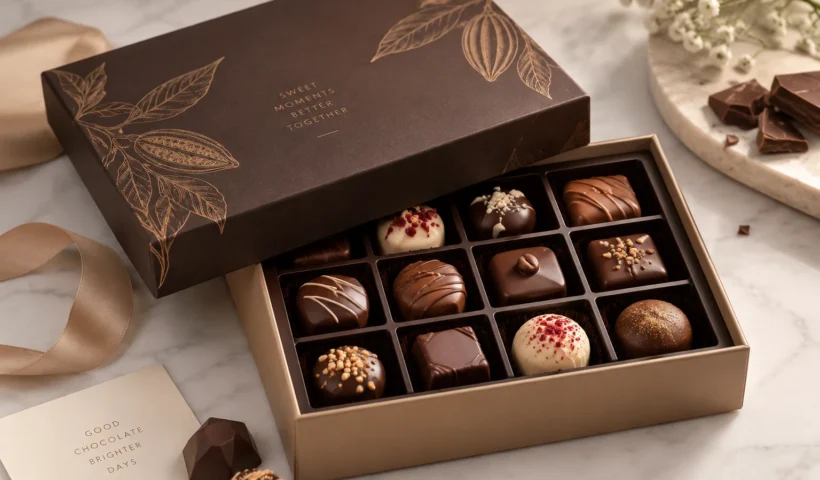 Open custom chocolate box with assorted chocolates arranged in a fitted insert.