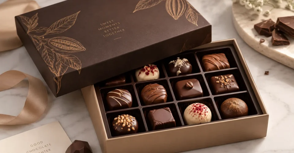 Open custom chocolate box with assorted chocolates arranged in a fitted insert.