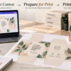 Canva packaging artwork shown alongside a printed dieline, print proof, color swatches, and the finished custom box.