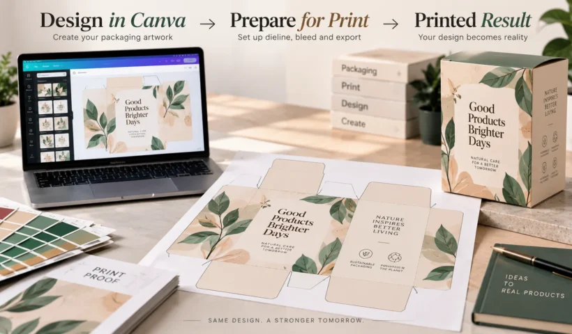 Canva packaging artwork shown alongside a printed dieline, print proof, color swatches, and the finished custom box.