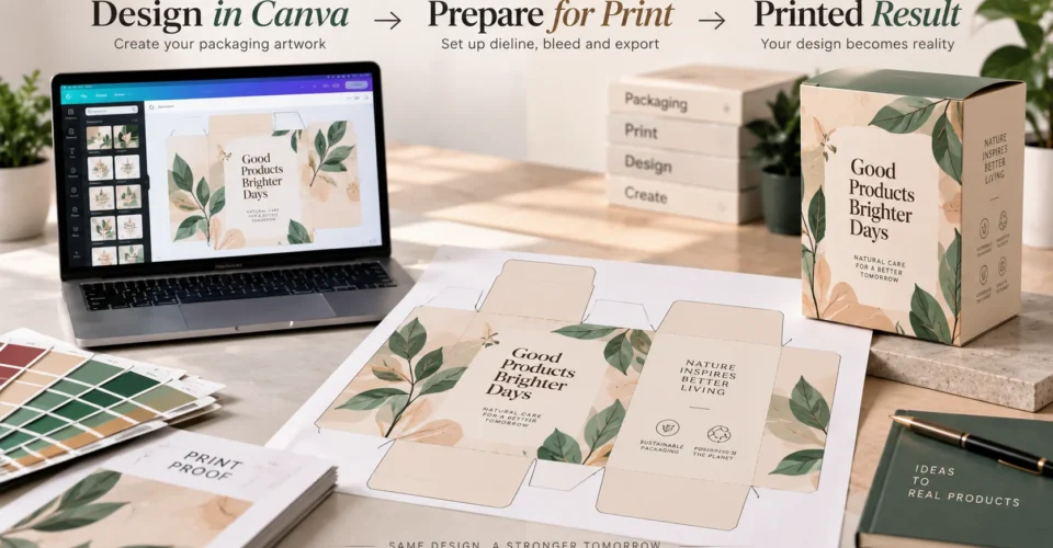 Canva packaging artwork shown alongside a printed dieline, print proof, color swatches, and the finished custom box.