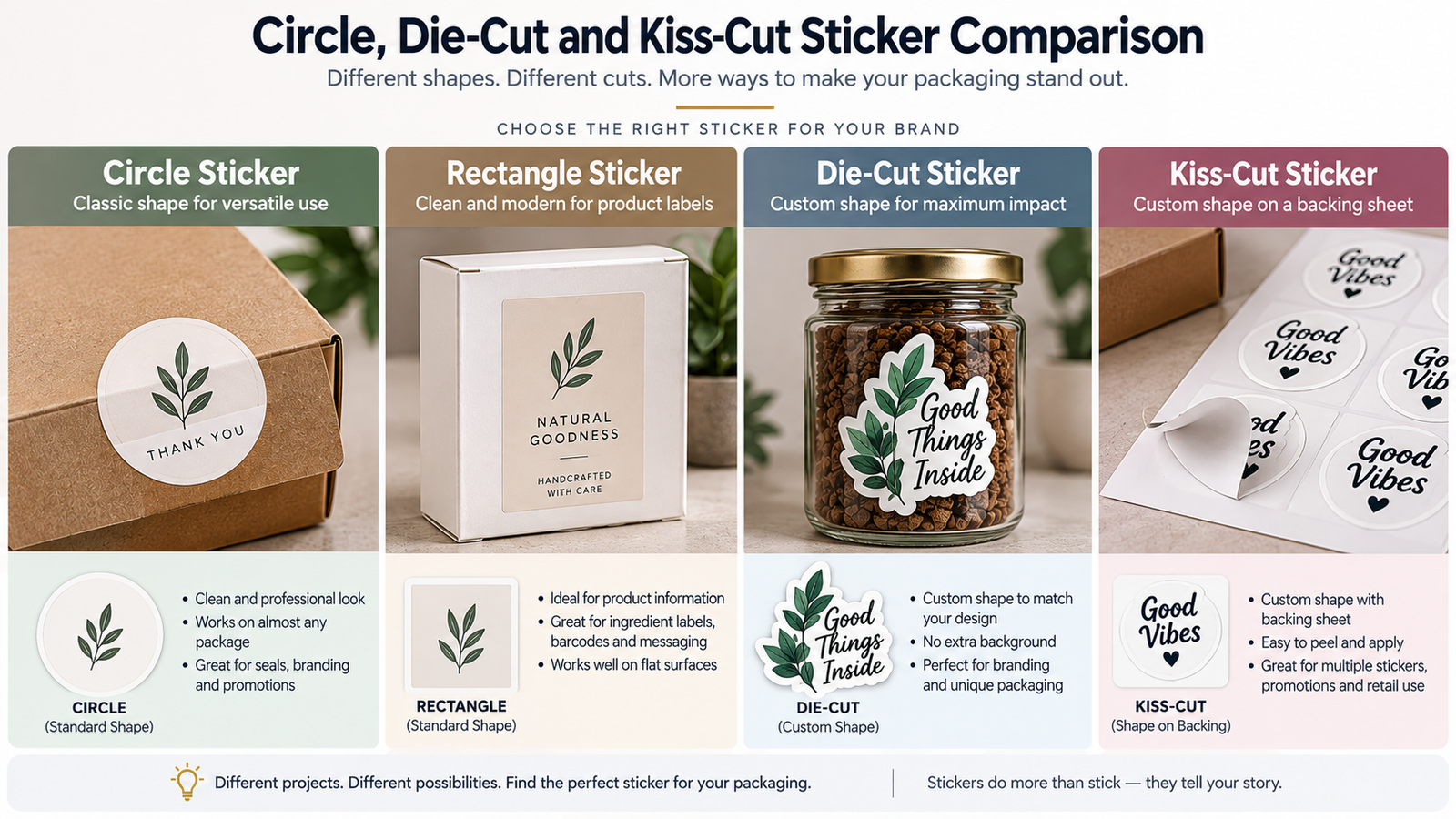 Comparison of circle, rectangle, die-cut and kiss-cut packaging stickers