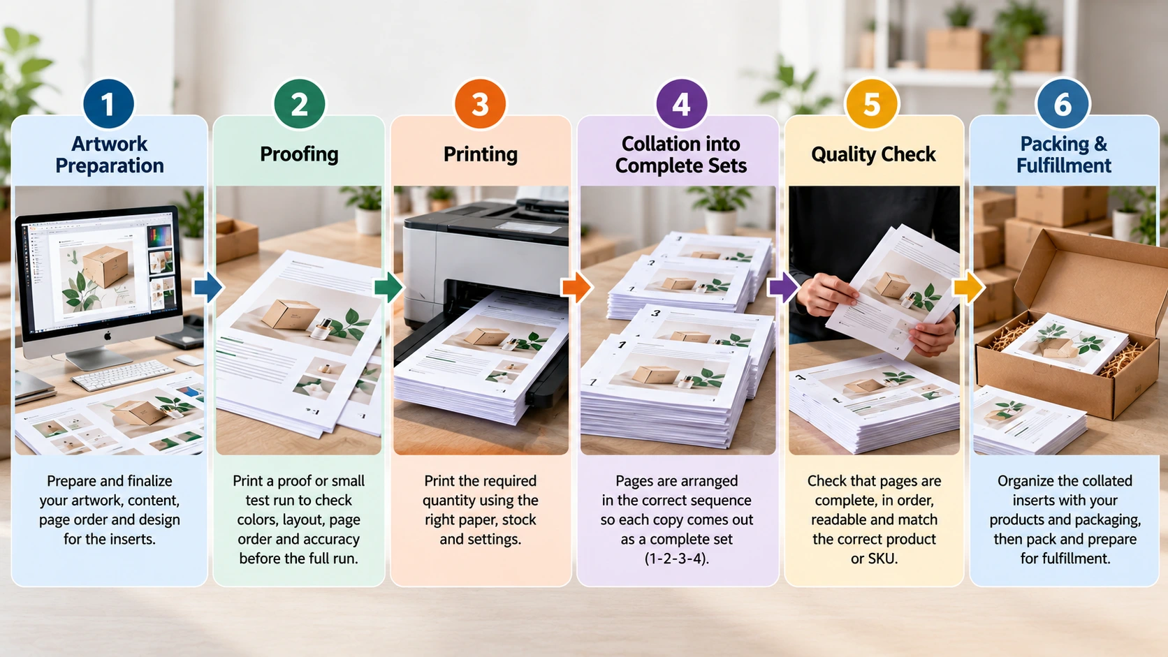 Packaging workflow showing printed inserts moving from artwork and printing through collation, quality checking and packing