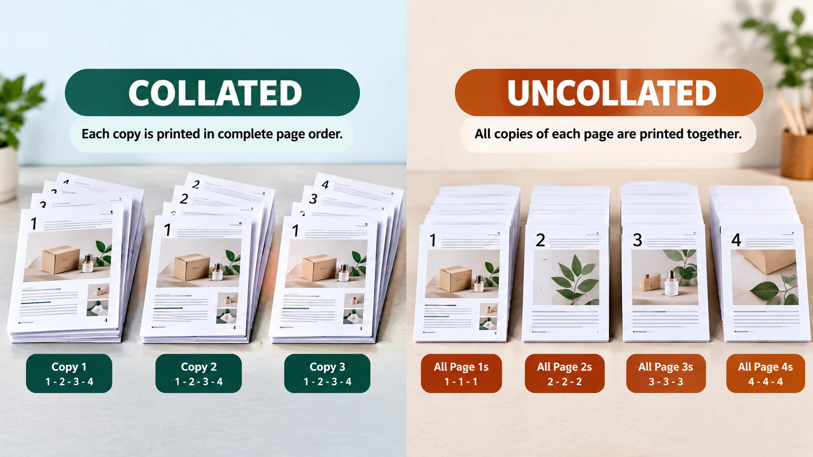 Comparison showing collated complete document sets versus uncollated page groups