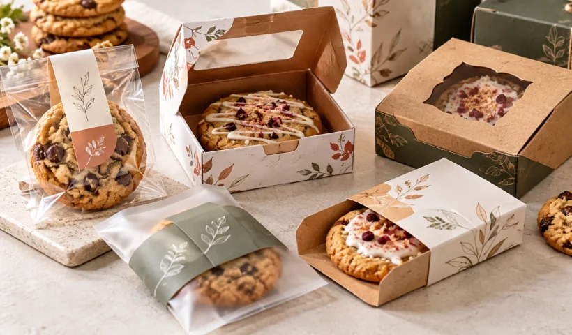 Single cookie packaging shown with a branded cookie bag, sleeve, and custom cookie boxes
