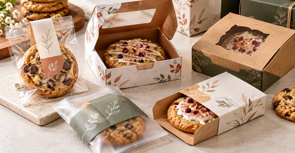 Single cookie packaging shown with a branded cookie bag, sleeve, and custom cookie boxes