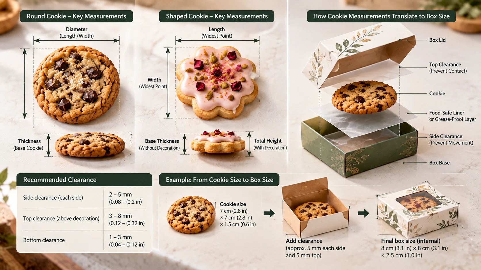 Cookie packaging sizing guide showing cookie diameter, length, width, thickness, decoration height, and box clearance