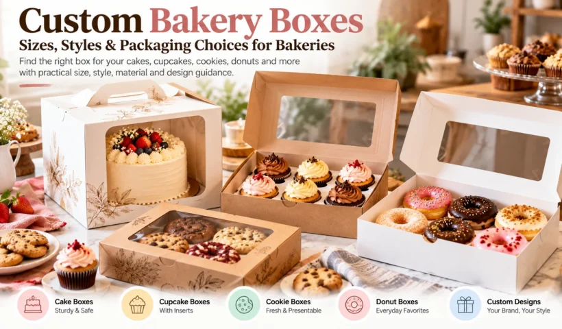 Custom bakery boxes in different sizes and styles for cakes, cupcakes, cookies, and donuts.